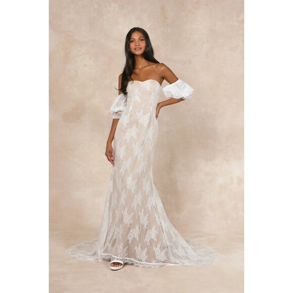 Lulus Dresses & Skirts - Lulus Wedding Loving Beauty White Lace Puff Sleeve Off The Shoulder Maxi Dress L